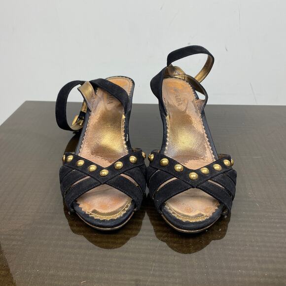 Rare Prada Studded Ankle Strap Heeled Sandals Women's 39 US 9 - Picture 2 of 10